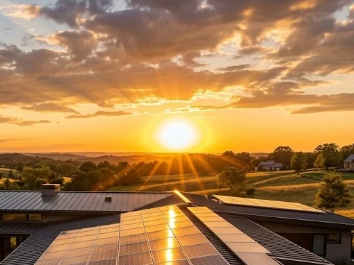 Solar panels on a country home catching the evening sun
